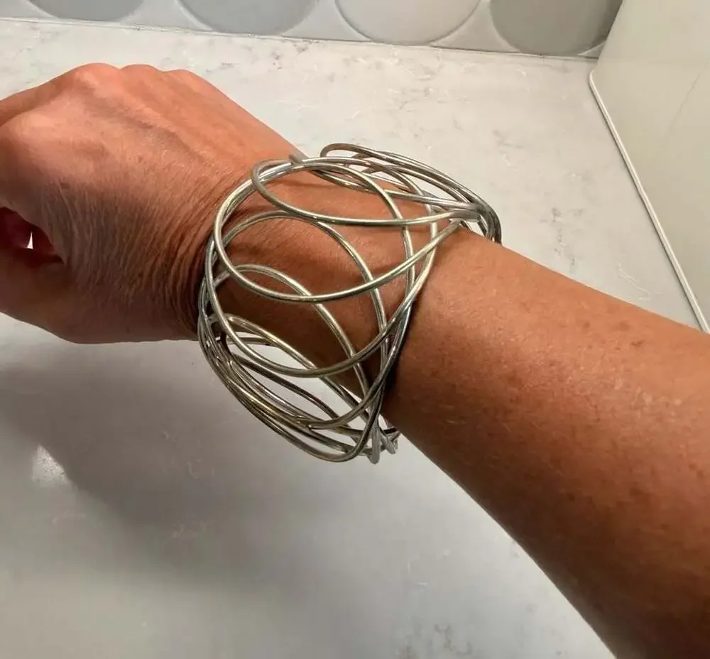 Wide Silver Tone Multi-Wire Cuff Bracelet | Chunky Open Work Statement